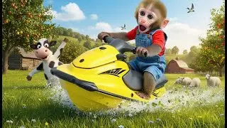 Roro Monkey Rides A High-Speed Jet Ski Through The Sunny Farm Meadow