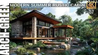 MODERN TROPICAL RUSTIC CABIN: Stunning Wooden and Stone Exterior with Summer Lush Gardens