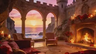 Cozy Castle Fireplace & Ocean Sounds 🌊🔥 Romantic Valentine&rsquo;s Dusk Ambience for Sleep (5 Hours)