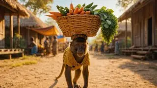 Baby Monkey Earns Money for Mom: Carrying a Basket of Fruits & Veggies to the Market
