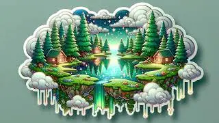 Foiled Sticker Habitat, trees, water, grass, small log cabins with campfires