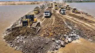 Massive Land Reclamation Project | Bulldozer Pushing Stone Into Water & 10 Wheel Dump Truck Unloadin