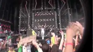 Steve Aoki throwing a cake at a fan