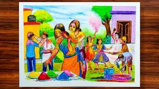 Holi Drawing | Holi Festival Drawing | Holi Scenery Drawing | Vasant Utsav Drawing | Oil Pastels