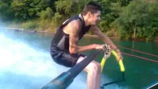 Jake barefoot water skiing on the boom.