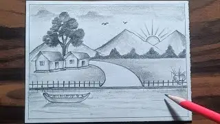 Riverside Village Sunrise Scene Drawing || Sunrise Drawing with Pencil