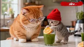 [Cute gray tabby cat] tries fruit juice for the first time