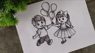 ✨ Cute Kids Drawing | Easy Pencil Sketch of Boy & Girl with Balloons | Children&rsquo;s Day Special Art