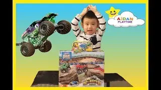 MONSTER TRUCKS in dirt fun!SOUR candy challenge with Aidan Playtime!