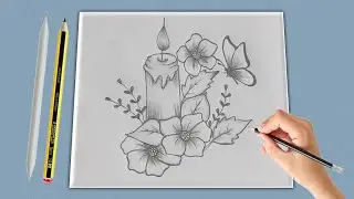 Simple pencil sketch drawing of butterfly with flowers and a candle | Step by step drawing ideas