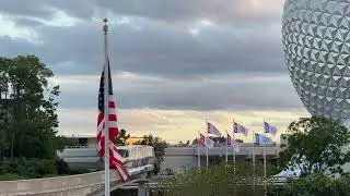 Monorail, the American Flag, with Spaceship Earth in the background!!  EPCOT at Walt Disney World!