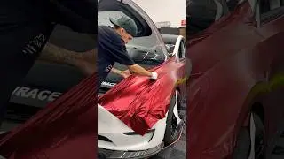 Wrapping The Fender On This Tesla Model Y Using A Satin Red Chrome! #teslawrap #Fyp #vinylwrap