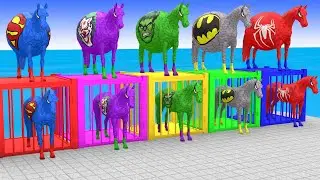 RED HORSE SPIDERMAN CROSSING FOUNTAIN ON RAINBOW SPIDERS BRIDGE AGAINST SHARKS RESCUE ANIMALS GAME