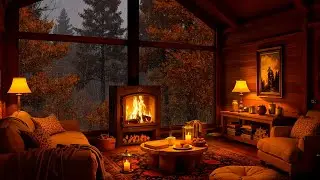 Rainy Day in Cozy Autumn Cabin Ambience with Warm Fireplace 🍂 Slow Jazz & Rain Sounds for Relaxation