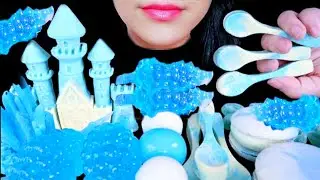 ASMR EATING WHITE AND BLUE DESSERTS, MACARONS, JELLIES, EDIBLE SPOON #asmr