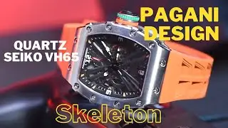 PAGANI DESIGN 42 MM Men's Skeleton Quartz Watch Japan VH65 Sapphire Glass Stainless Steel 50M Waterp
