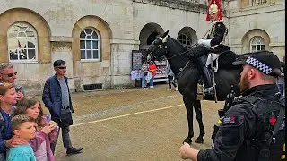 HORSE QUITS THREE TIMES as IDIOT TOURISTS just stand and stare at Police at Horse Guards!