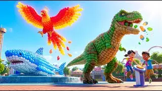The mascot vibrato assistant POPPED the GIANT Balloon Phoenix, Shark, & T-Rex! (3D Reveal)