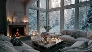 Crackling Fire And Snowfall With Gentle Piano Music Creating Winter Calm