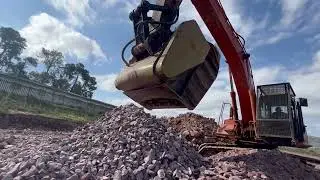 Excavtor CRUSHER BUCKET Attachment eating ROCKS! #hitachi #excavator #crusher #earthmoving 