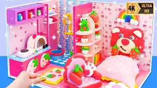 How To Make Pink Bear House with Cutest Bed from Cardboard, Clay ❤️ DIY Miniature House