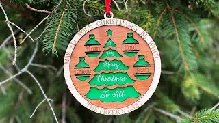 Custom Christmas Tree Ornaments Laser cut/engraved from wood &bright green or red plastic background