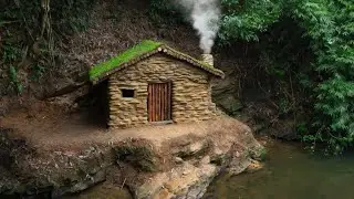 Building a shelter house from wood, stone and clay - Forest exploration and outdoor adventures!