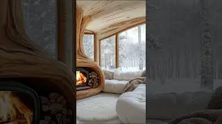 A cozy living room with a unique wooden fireplace, soft couches, and a snowy view.