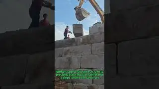 Heavy Machinery Teamwork: Stone Retaining Wall & Crane Precision