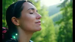 female hiker enjoying nature, taking a deep breath in a lush forest