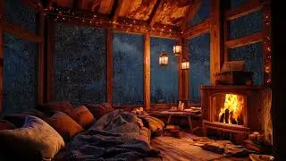 Sleep Under Rain - Crackling Fire And Rainfall In A Cozy Blue Lodge (3H Deep Rest Ambience)