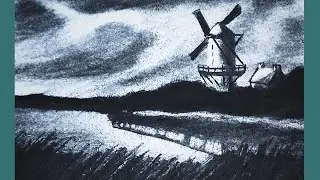 Windmill Landscape Drawing in Charcoal | Step-by-Step Art Process