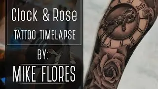 Realistic Clock and Rose tattoo time lapse - Mike Flores