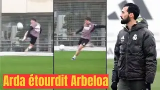 Le tir foudroyant d'Arda G&uuml;ler choque Arbeloa &agrave; l'entra&icirc;nement avant le match contre Benfica.