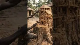 From Tree Stump to Mini House 🌳🏠 | Satisfying Wood Carving Transformation #woodcarving #miniature