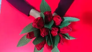 How to make Beautiful Tulip flowers with crepe paper /DIY / Ferrero Rocher inside / Tulip Bouquet