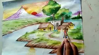 Draw a rural scene on the bank of a river in the morning.#Landscape painting#Sketch#Water Colour#
