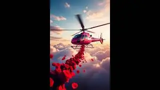 A bright pink helicopter soaring with red rose of petals in the air.