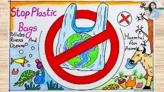 Stop Plastic Bags Pollution Drawing Easy /How to Draw Plastic Bag Free Day Poster idea /Ban Plastic