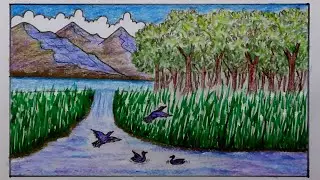 How to draw nature scenery drawing | Beautiful nature and bird's amazing drawing