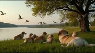 Dog Family Relaxing by Lake - Calm Animals, Gentle Nature Sounds for Stress Relief