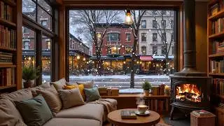 Snowy Winter Coffee Shop Jazz ❄️ Relaxing Piano & Cozy Fireplace Sounds for Study & Work