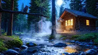Piano + river sounds at night, relaxing music for sleeping and insomnia