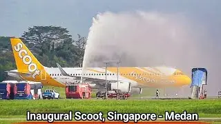 Moment SAKRAL‼️Detik-Detik pesawat Scoot A320-271N Landing perdana rute baru di Bandara Kualanamu