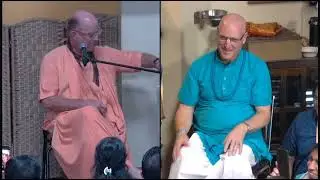 HH Indradyumna Maharaj giving gift to HH Radhanath Maharaj , HG Vaisesika Pr , & HG Nirakula Mataji