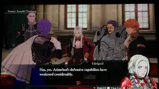 Yuri,Edelgard,Ferdinand,Gwendal and Count Hevring having conversation of controversy of Arianrhod