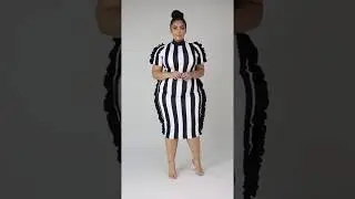 PLUS SIZE RUFFLE STRIPE MOCK NECK BODYCON DRESS