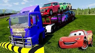 Flatbed Trailer Cars Transportation with Slide Color - Car vs Speed Bump vs Deep Water - BeamNG