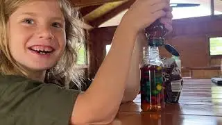 Honey freeze experiment with honey and M&Ms. Home science experiment for kids.