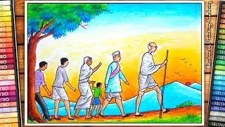 Gandhi ji Dandi March drawing with oil pastel colour